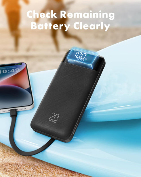 Charmast Power Bank 20000mAh, 20W Fast Charging Portable Charger with Built-in Cables, Slim Battery Pack for iPhone,