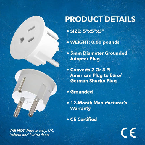OREI American USA To European Plug Adapter, Type E/F Schuko, 12 Pack for Mobile, Laptop & Camera Chargers