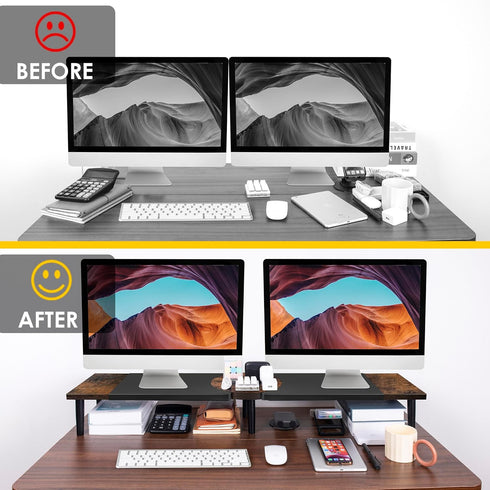 Large Dual Monitor Riser Stand for Desk: Adjustable Length Angle, Double Computer Riser for Desktop Organizer, Monitor