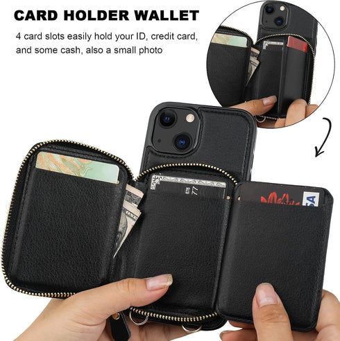 Bocasal RFID Blocking Wallet Case for iPhone 14/13, Adjustable Crossbody Zipper Purse with Kickstand