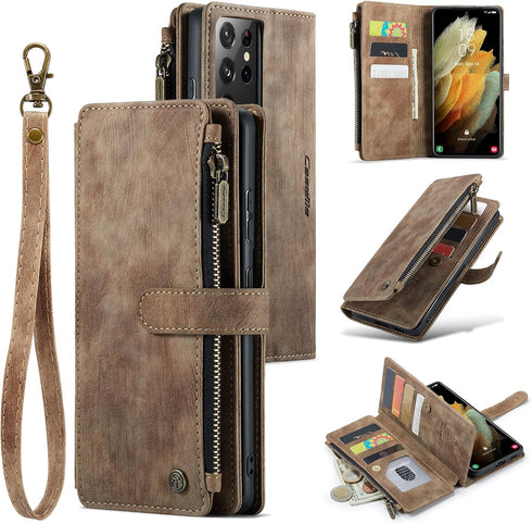 UEEBAI Wallet Case for Samsung Galaxy S21 Ultra 5G, Handmade PU Leather with Card Slots, Vintage Brown