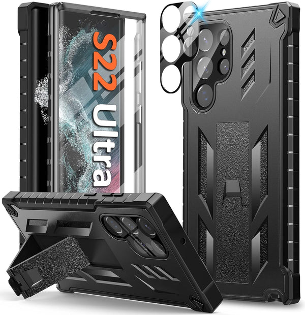 FNTCASE Samsung Galaxy S22 Ultra Case: Heavy Duty, Rugged, Dual Layer, Built-in Screen Protector & Kickstand, 5G-Black.