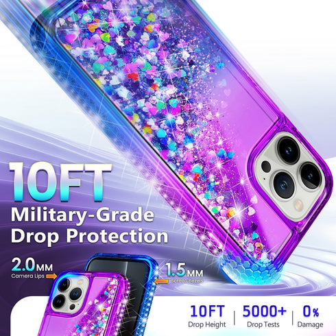 NGB Designed iPhone 12 Mini Case, Purple/Blue Glitter Liquid Sparkle Cover with Tempered Glass Protector