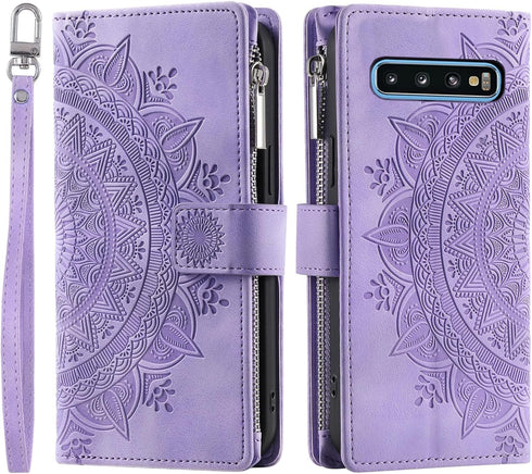 Asuwish Galaxy S10 Wallet Case with Mandala Flower, Tempered Glass, Wrist Strap, Zipper Card Holder, Purple.