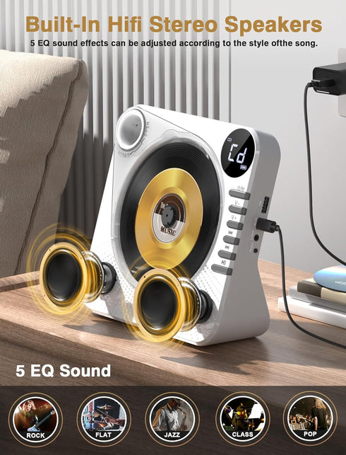 Greadio Sound,AUX/3.5mm CD Player with Bluetooth, Desktop CD Player for Home,HiFi Speakers,Remote Control,USB,LED
