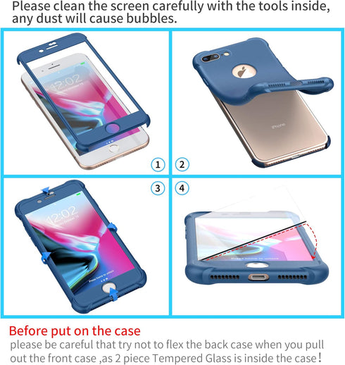 ORETECH iPhone 8 Plus/7 Plus Case with 2 Pack 9H Tempered Glass Screen Protector, 360° Full Body Hard PC Silicone - Blue