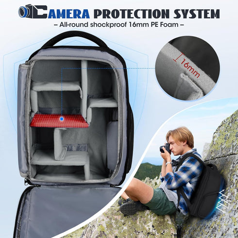 RAINSMORE Camera Backpack for Photographers, DSLR SLR Cases with Waterproof Rain Cover & Laptop Compartment