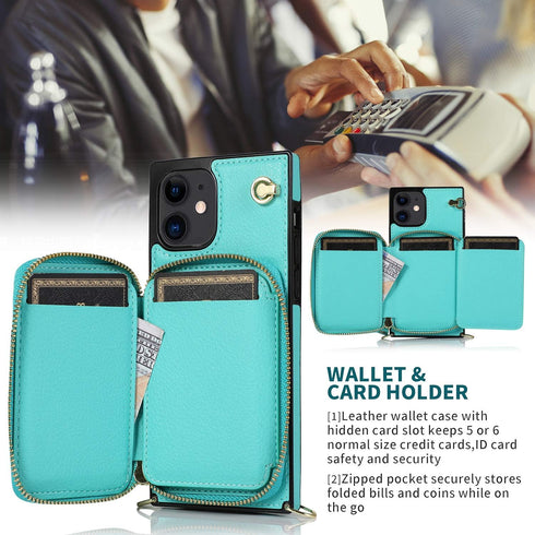 Asuwish iPhone 13 Mini Case - Mint Green Wallet Cover with Zipper, Screen Protector & Card Holder Slot, Leather Stand.