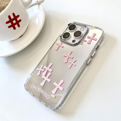 Bless Cross Phone Case for iPhone 15 Pro Max, Shockproof Protective Mirror Case for iPhone 14 (Pink, 13ProMax)