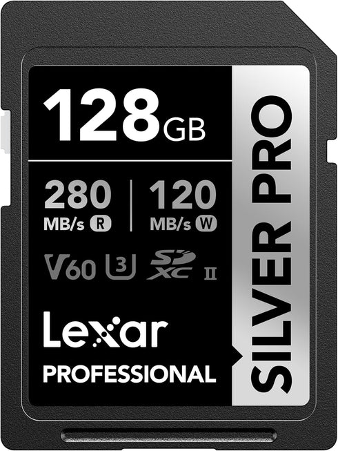 Lexar 128GB Professional SILVER PRO SDXC Memory Card, UHS-II, C10, U3, V60, Up to 280MB/s Read for Video