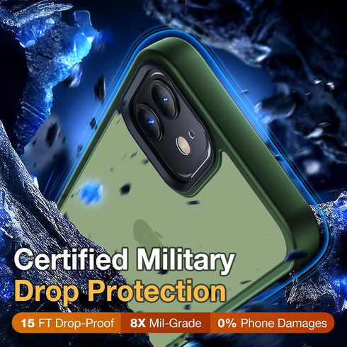 iPhone 12 Pro Case, Shockproof Military Grade Protection, Slim Translucent Hard Back, Frosted Green, 6.1'' Case.