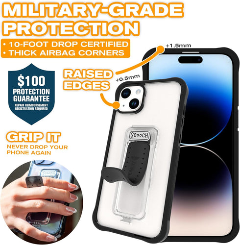 Scooch Wingman Case for iPhone 15 Plus with Stand, Military Grade Drop Protection, Pop-Out Kickstand - Tuxedo Clear