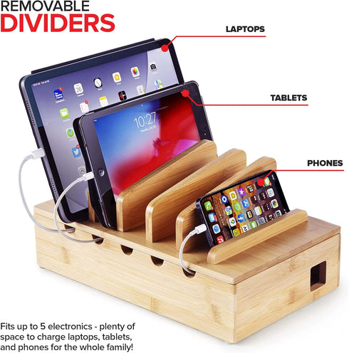 Modern Innovations Bamboo Device Organizer Charging Station for Multiple Devices (Natural) - Desk Docking Stand