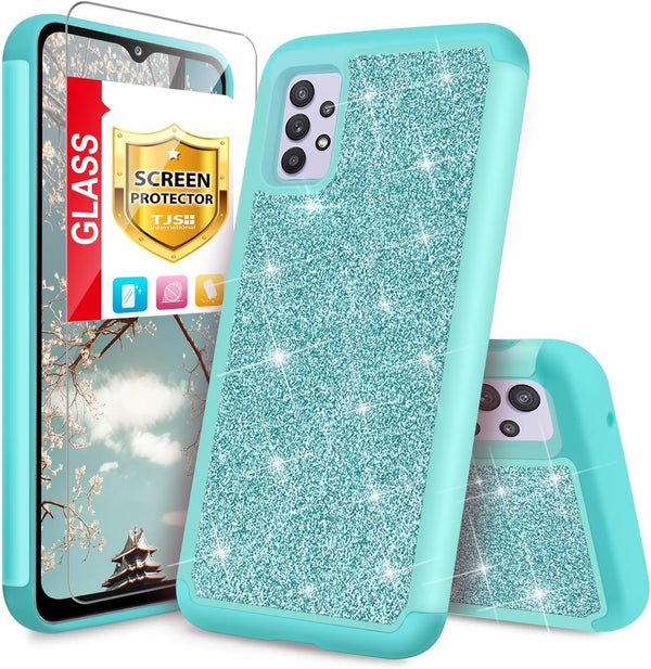 TJS Samsung Galaxy A32 5G Case with Tempered Glass Screen Protector, Glitter Bling Cute Design (Teal)