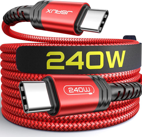 JSAUX 240W USB-C Charge Cable 10FT, Fast Charger for MacBook Pro, iPad Pro, iPhone 15, Samsung Galaxy S23, Pixel-Red.