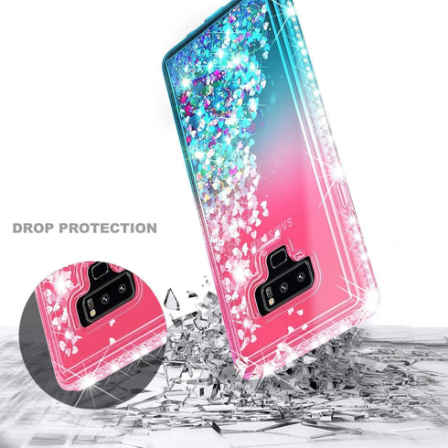 Case for Samsung Galaxy Note 9 with Screen Protector, Pink/Aqua, Sparkle Glitter Flowing Liquid, Ring Holder/Wrist Strap