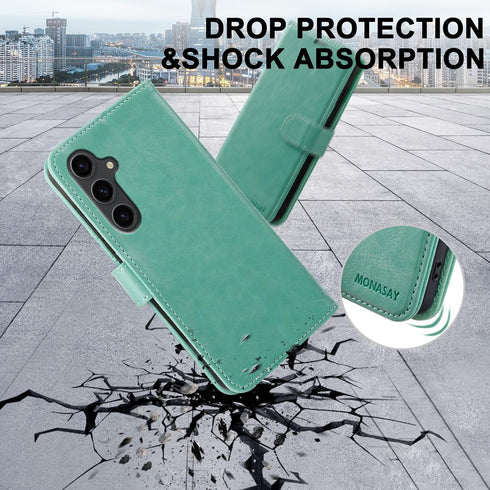 MONASAY Mint Wallet Case for Samsung Galaxy A25 5G, RFID Blocking, Flip Folio Leather, with Glass Screen Protector &