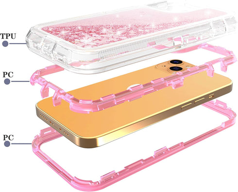 Asuwish iPhone 13 Mini Case - 5.4" Bling Liquid Glitter, Clear Hybrid, Military Grade Protection, Pink, with Screen