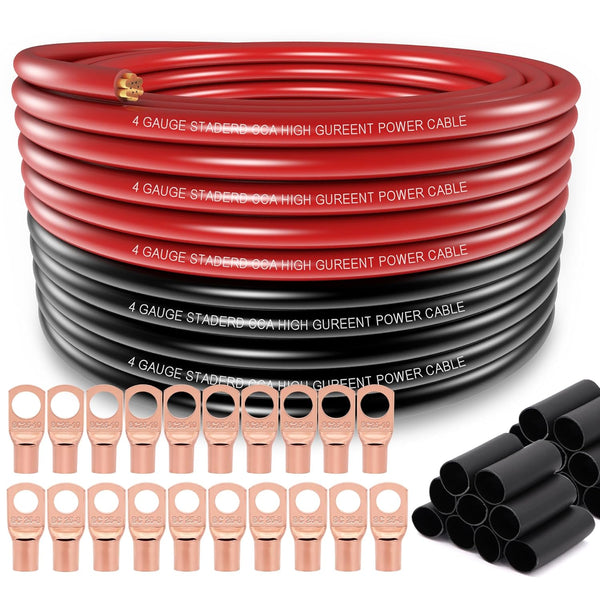 4 Gauge Wire (25ft Each - Black/Red) with 20pcs Lugs Terminal Connectors & 3:1 Heat Shrink Tube for Power/Auto