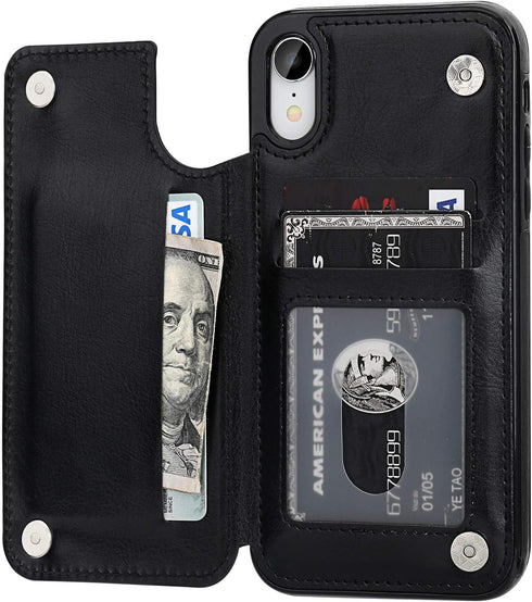 iPhone XR Wallet Case with Card Holder - Premium PU Leather Kickstand Case, Durable Shockproof Cover (Black)