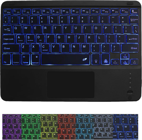 Wireless Bluetooth Keyboard, 10-inch Ultra-Slim 7 Color Backlight Keyboard with Touchpad, Portable for Mobile Phones,