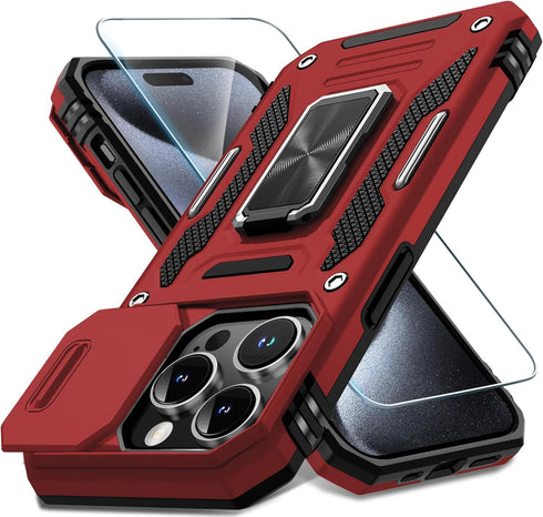 DEERLAMN Military Grade Shockproof Case for iPhone 15 Pro Max, with Slide Camera Cover + Screen Protector (1 Pack), Red