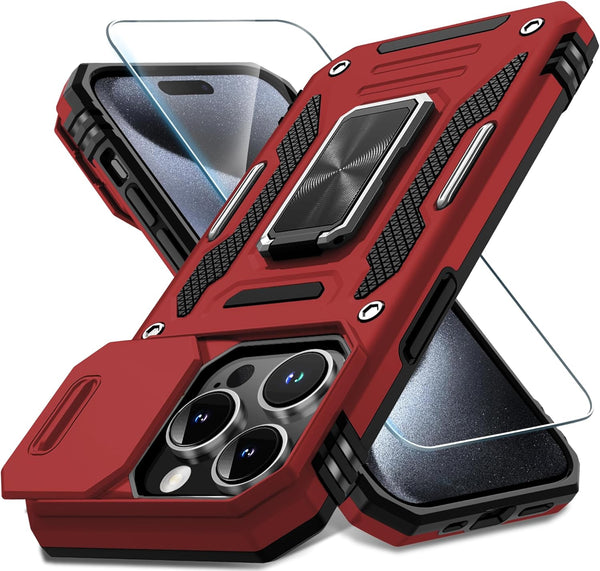 DEERLAMN Military Grade Shockproof Case for iPhone 15 Pro Max, with Slide Camera Cover + Screen Protector (1 Pack), Red