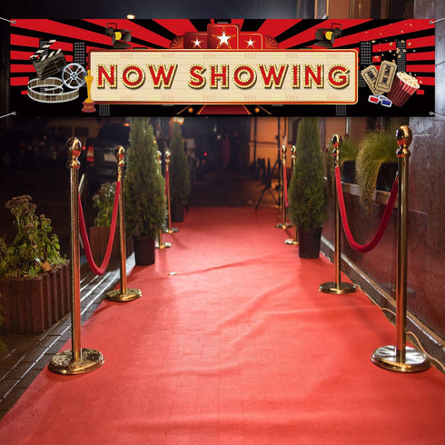 Blulu Movie Night Party Decorations, 2025 Now Showing Banner, 70.8 x 15.7 Inch Red Carpet Backdrop for Birthday Supplies