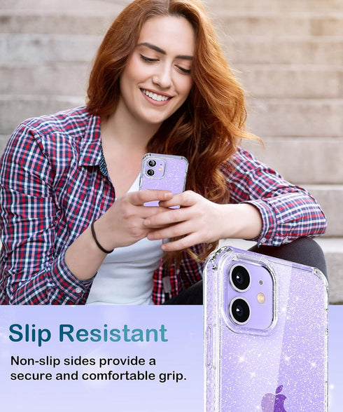 MIODIK Clear Glitter iPhone 12 & 12 Pro Case, Shockproof Slim Cover with Stand, Non-Slip, 6.1 Inch - Sparkle Clear