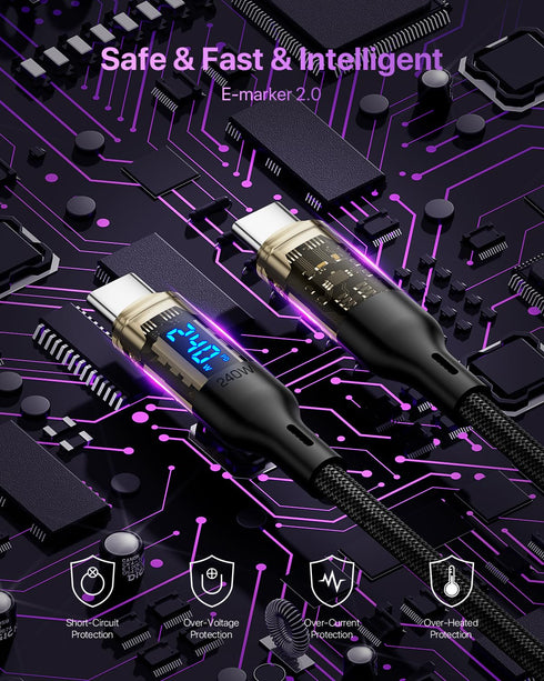 240W USB C to USB C Transparent Cable with LED Display Compatible with 140W 100W Fast Charging for MacBook Pro,lPhone15/15Pro/15ProMax,Samsung Galaxy S23+/S23Ultra/S22,4ft 2Pack,Black
