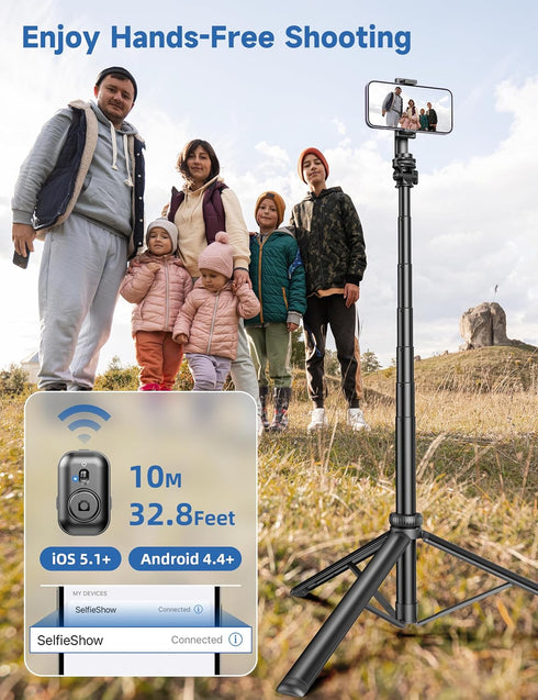 SelfieShow 75" 360 Phone Tripod, Selfie Stick with Remote and Phone Holder, Extendable Tripod for iPhone, Aluminum