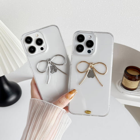Simple 3D Bow Clear Soft Phone Case Compatible with iPhone (Gold, iPhone 15)
