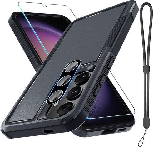 Full Body Heavy Duty Case for Samsung Galaxy S24 Plus, Shockproof Protective Cover with Lanyard Strap and Tempered Glass
