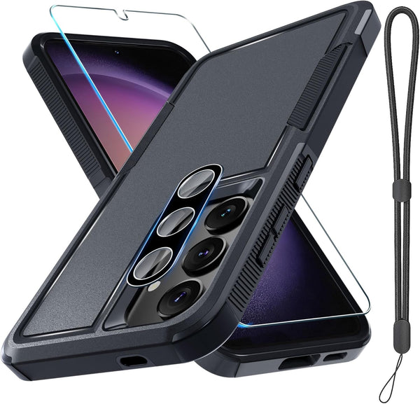 Full Body Heavy Duty Case for Samsung Galaxy S24 Plus, Shockproof Protective Cover with Lanyard Strap and Tempered Glass