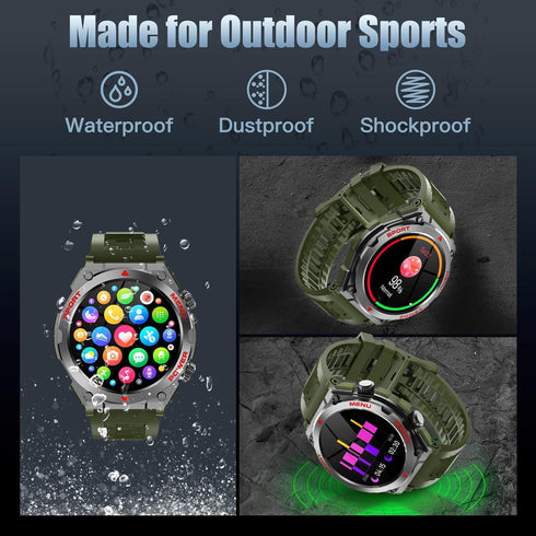 Military Smart Watch, 1.52-Inch Touch Screen Tactical Smartwatch with Text, Call, Heart Rate - Green