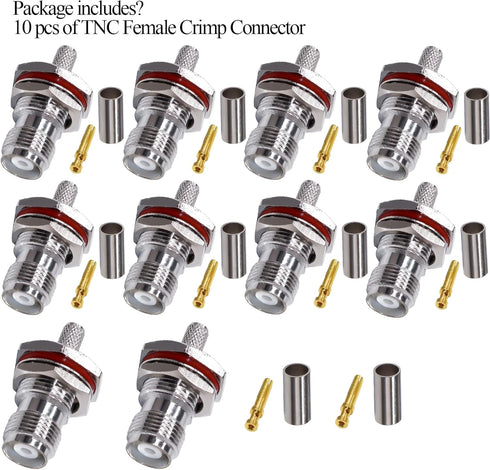 TNC Female Waterproof Connector, 10 pcs TUOLNK Crimp Plug for RG58 RG142 Coaxial Cable Solder Connector