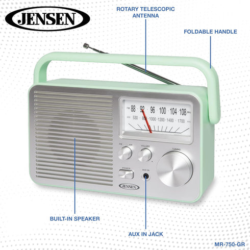 JENSEN MR-750-GR MR-750 Portable AM/FM Radio, Green