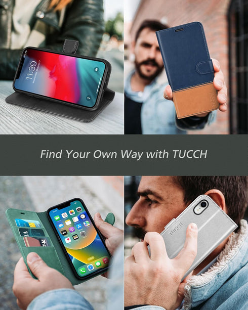 TUCCH Case Wallet for iPhone XR - Kickstand, RFID Blocking, Credit Card Slot, PU Leather Folio Cover, Black