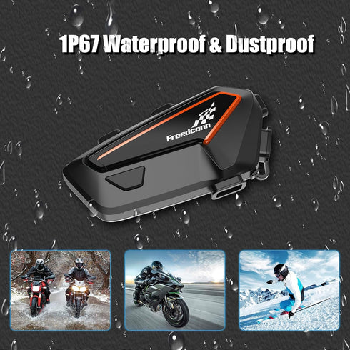 FreedConn Motorcycle Bluetooth Headset F1, Helmet Intercom with CVC Noise Cancellation, Universal Pairing, IP67