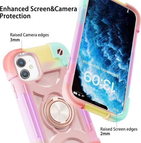MARKILL Cute Military Grade Drop Protection Case for iPhone 11, 6.1 Inch, with 360° Rotate Ring Stand, Rainbow Pink