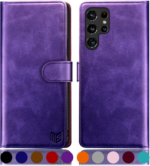 SUANPOT RFID Blocking Leather Wallet Case for Samsung Galaxy S22 Ultra, Shockproof Flip Folio Cover Purple