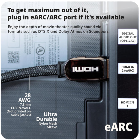 Pacroban eARC HDMI Cable 10FT – Premium Certified Ultra High Speed HDMI 2.1 Cord for Soundbars, 48Gbps