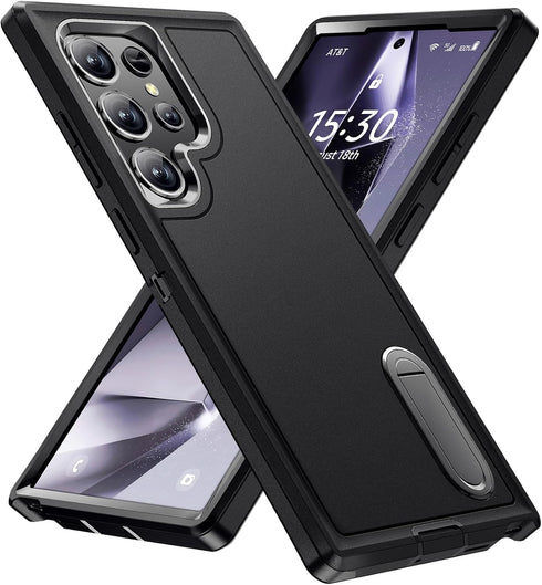 BaHaHoues Shockproof Case for Samsung Galaxy S24 Ultra, Black, with Built-in Kickstand Military Grade Protection