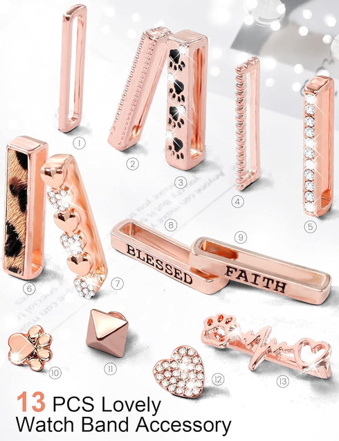 JR.DM 13 Pieces Rose Gold Watch Band Charms with 10-Pcs Decorative Rings & 3-Pcs Decoration, Compatible with Apple Watch