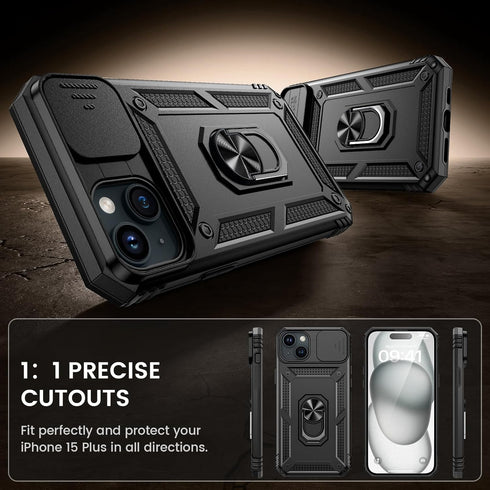 Goton iPhone 15 Plus Case - Heavy Duty Shockproof Bumper with Slide Camera Cover & Screen Protector, Black