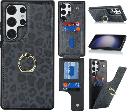 Galaxy S23 Ultra Case with Card Holder, Wallet for Women, Credit Card Holder, Ring Stand, Cute Phone Wallet 6.8" (Black
