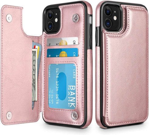 HianDier Wallet Case for iPhone 11 6.1-inch, Slim Protective Case with Credit Card Slot Holder, Rose Gold