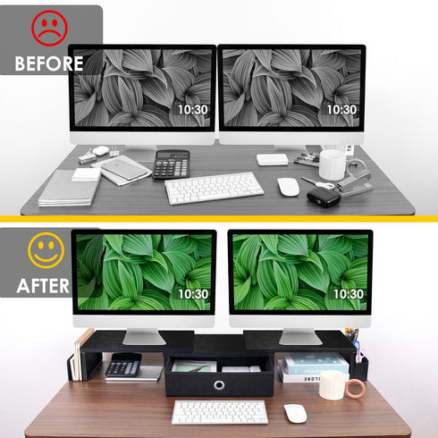 Dual Monitor Stand Riser with Drawer & Metal Leg, Large Computer Monitor Riser for 2 Monitors, Desktop Organizer