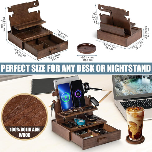 Wood Phone Docking Station for 3 Phones, Nightstand Organizer with Drawer for Valuables, Apple Watch Compatible