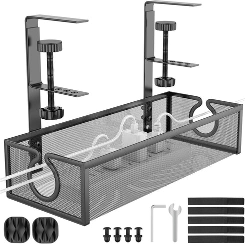 REFLYING Under Desk Cable Management Tray, Black Metal Long Arms, No Drill Mesh Desk Cable Tray for Office Organization